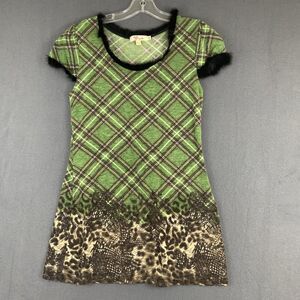 Aryeh Y2K Green Plaid Leopard Print Tunic Top Sz M Fur Trim